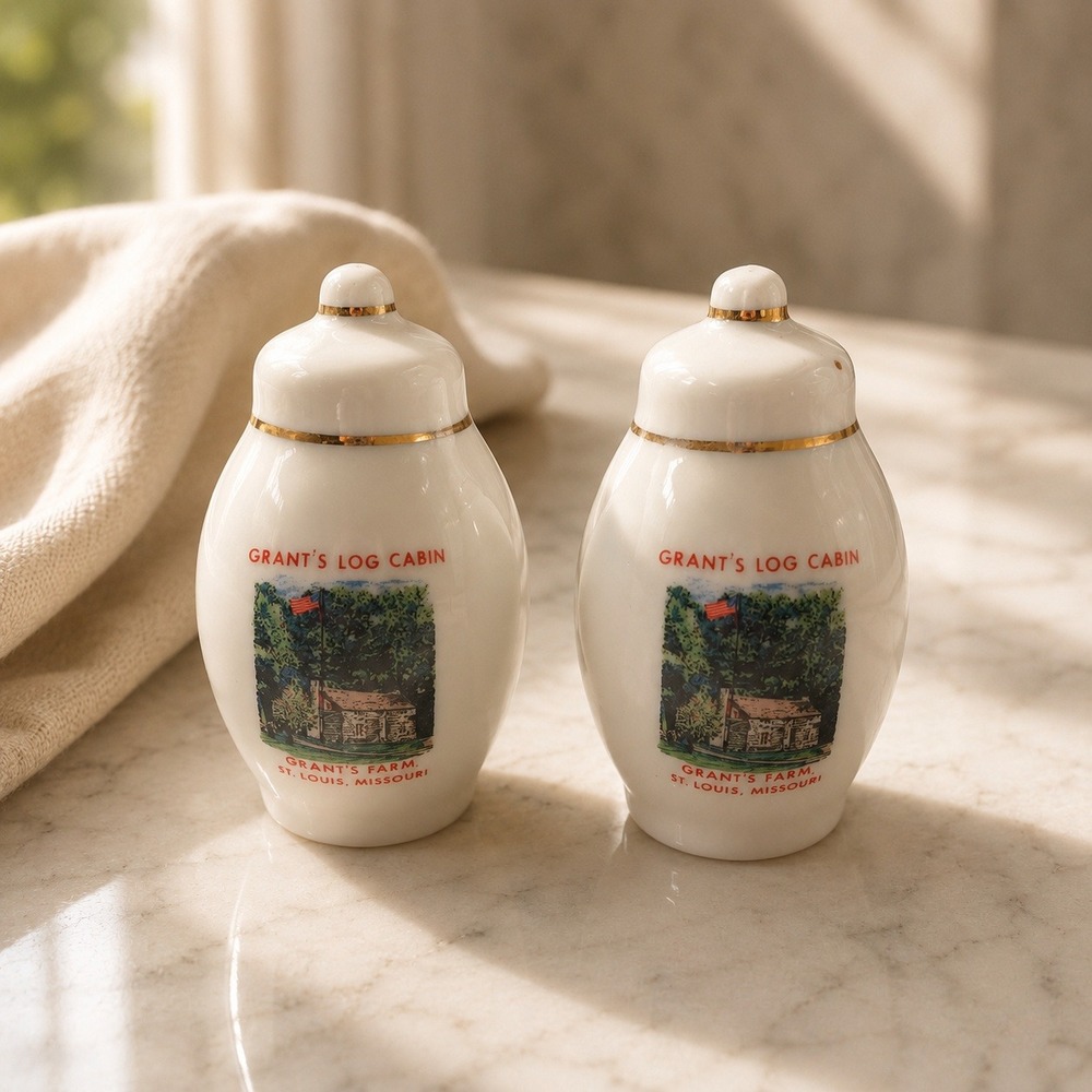 Vintage Grants Log Cabin Grants Farm St Louis Missouri Salt Pepper Shakers Gold